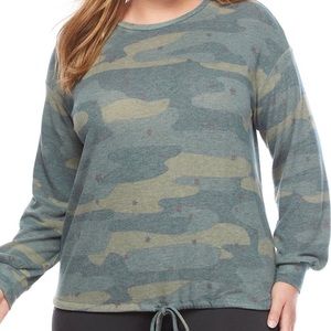New Directions • L/S Green Camo Printed Tie Bottom Pullover